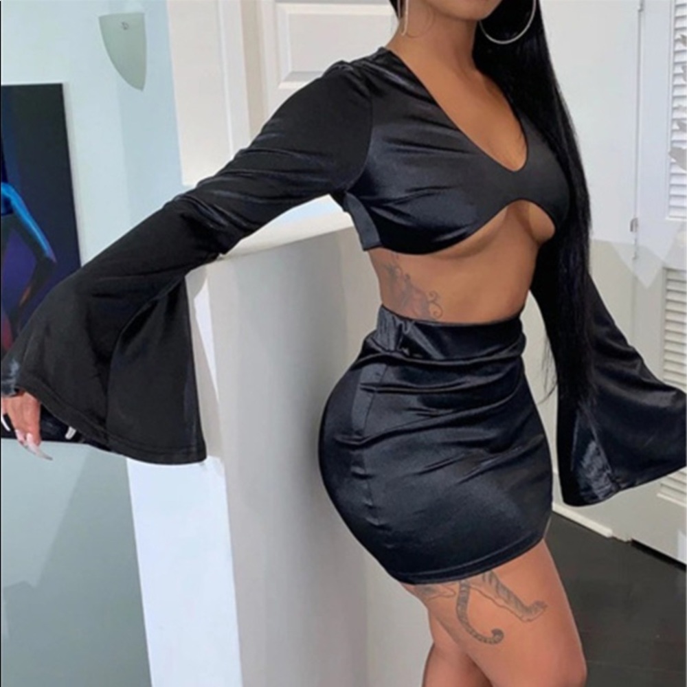 Black Satin Skirt Set